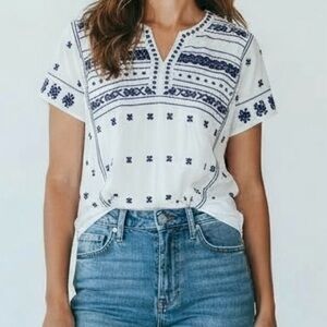 J. Marie White Blue Embroidered Boho Blouse Top Small